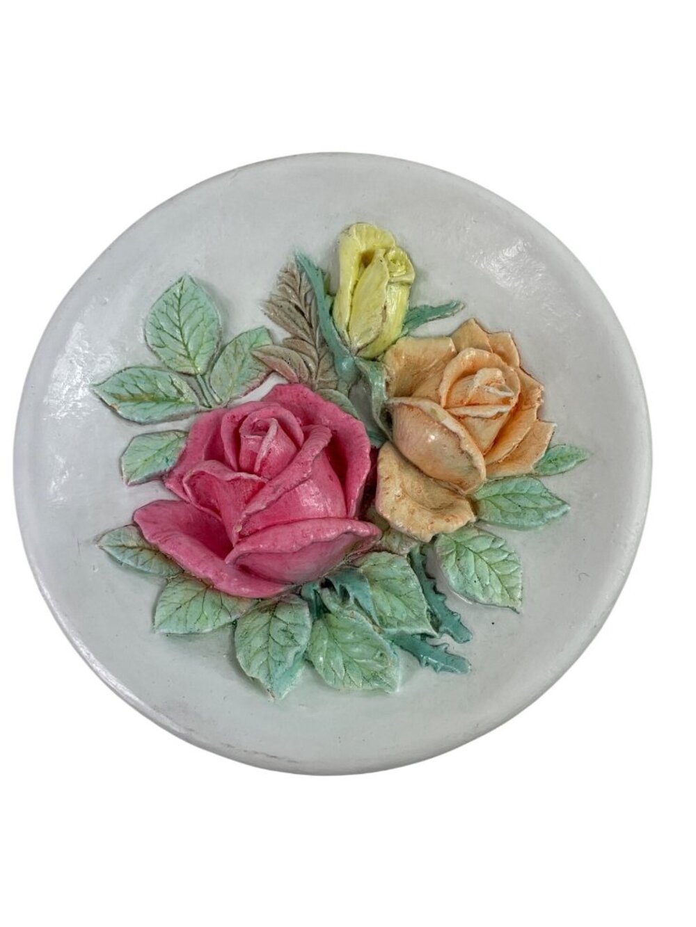Vintage Ceramic Plate Raised Rose Floral Design Pink Yellow & Orange Wall Plaque